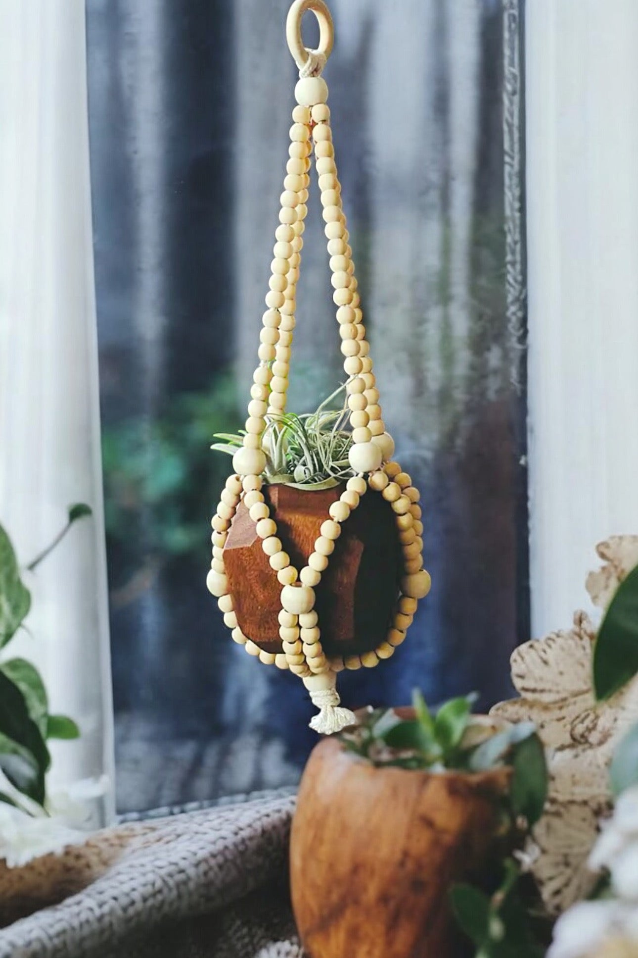 hanging plant beads Handmade Boho Wooden Beaded Plant Hanger – Plant Vault